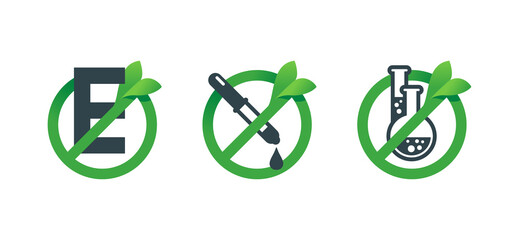 No preservatives, no additives, E number and dye free prohibition sign - green organic food stickers - set of vector icons (labels)