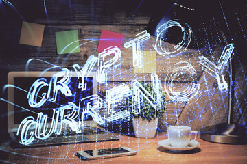 Double exposure of blockchain and crypto economy theme hologram and table with computer background....