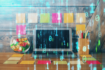 Multi exposure of desktop with computer on background and tech theme drawing. Concept of big data.