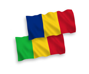 Flags of Romania and Mali on a white background