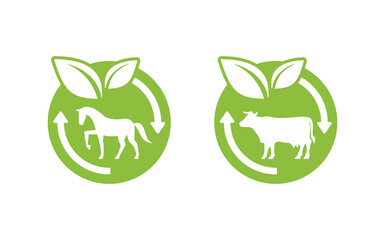 Manure icon - cow manure and Horse manure fertilzers stamp - emblem with renewable (recycling) arrows and animal silhouette - natural organic agriculture component emblem