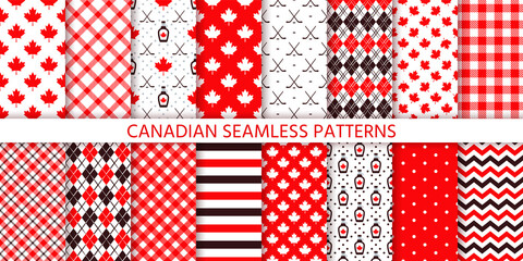 Canada seamless pattern. Vector. Backgrounds with maple leaf, hockey sticks, syrup, polka dot, rhombus and checkered. Happy Canada day texture. Set Canadian prints. Red brown illustration. 
