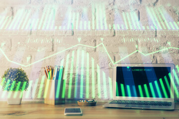 Double exposure of desktop with personal computer on background and tech theme drawing. Concept of data analysis.