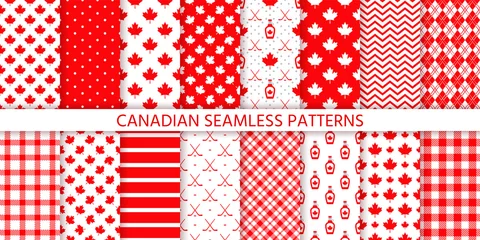 Fotobehang Canada seamless pattern. Vector. Happy Canada day prints. Backgrounds with maple leaf, hockey sticks, syrup, polka dot, rhombus and plaid. Set Canadian texture. Red white illustration. Wrapping paper. © maradaisy