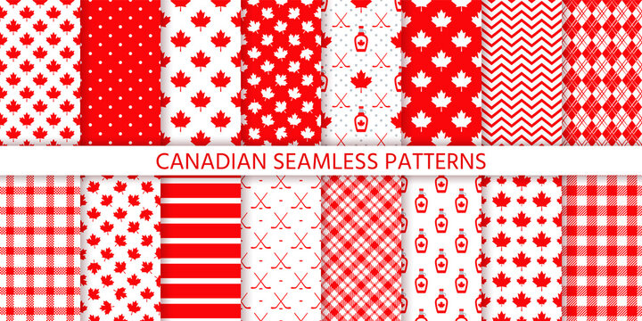 Canada seamless pattern. Vector. Happy Canada day prints. Backgrounds with maple leaf, hockey sticks, syrup, polka dot, rhombus and plaid. Set Canadian texture. Red white illustration. Wrapping paper.