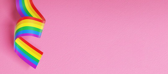 Lgbt ribbon on pink background. Homesexuality, lesbian and gay symbol. 3d rendering.