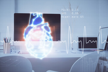 Desktop computer background and heart drawing. Double exposure. Medical study and healthcare concept.