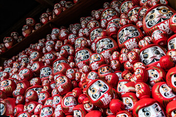 寺に奉納された、数多くのダルマたち