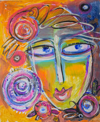 Painting acrylic canvas portrait of woman abstraction.