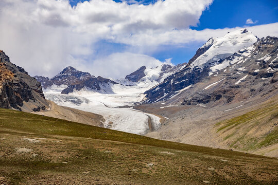 Glaciers in the Pamir mountains on the slope of the peak of Sotvetsky helicopter pilots.