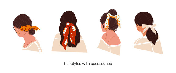 Women's hairstyle with accessories on an isolated background. Hairstyles with a scarf. Instructions for using the scarf. The girl from the back. Beauty salon, how to wear a headscarf. Flat. Vector