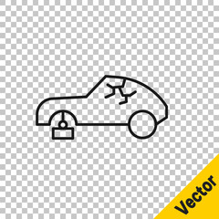 Black line Broken car icon isolated on transparent background. Car crush. Vector Illustration.