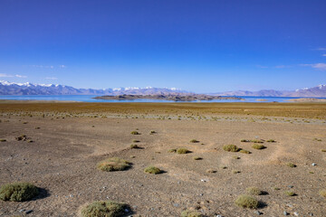 Desert on the background of Karakul Lake and Lenin Peak! Alpine mountains of the Pamirs! Tajikistan.