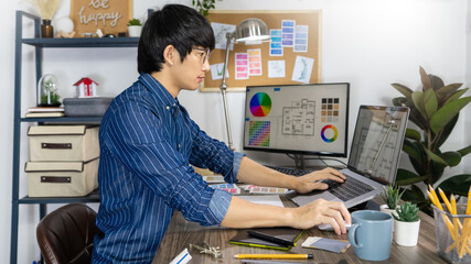 Fototapeta na wymiar Asian Designer or creative Occupation Design Studio artist working on graphic computer 