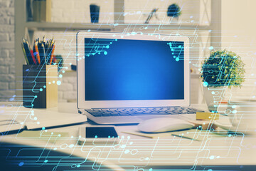 Fototapeta premium Multi exposure of desktop computer and technology theme hologram. Concept of software development.