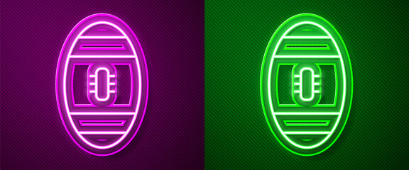 Glowing neon line American Football ball icon isolated on purple and green background. Rugby ball icon. Team sport game symbol. Vector Illustration.