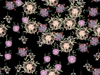 Seamless pattern with colorful hand drawn flowers. Original textile, wrapping paper, wall art surface design. Vector illustration. Floral simple minimalistic graphic desig