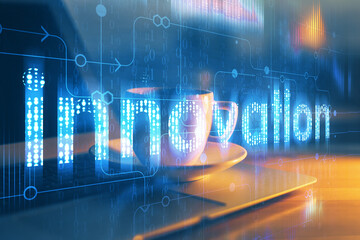 Double exposure of desktop computer and technology theme hologram. Concept of software development.