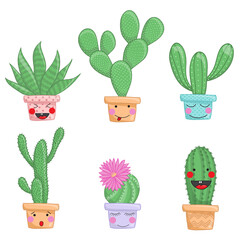 Set van zes illustraties van schattige cartooncactus en vetplanten met grappige gezichten in potten en met planten. Het kan worden gebruikt voor kaarten, uitnodigingen of als sticker.