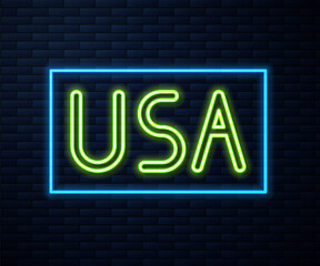 Glowing neon line USA label icon isolated on brick wall background. United States of America. Vector Illustration.
