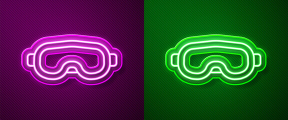 Glowing neon line Ski goggles icon isolated on purple and green background. Extreme sport. Sport equipment. Vector Illustration.