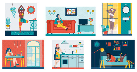 Fototapeta premium Women at home - leisure activity set of cartoon girls inside cozy room interiors. People relaxing, cooking, eating indoors at their house, vector illustration.