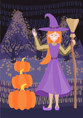 Vector illustration of a cute girl witch with a broom stands in the field and greets you. Three pumpkins, harvesting, funny halloween. Illustration in flat style for a card, poster, banner.