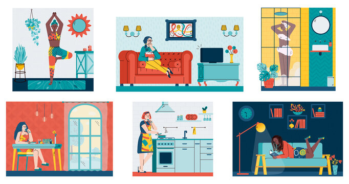 Women at home - leisure activity set of cartoon girls inside cozy room interiors. People relaxing, cooking, eating indoors at their house, vector illustration.