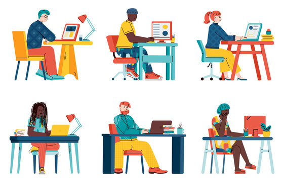 People with laptop computers behind office desk or table - isolated set of cartoon students learning. Online education concept - vector illustration on white background.