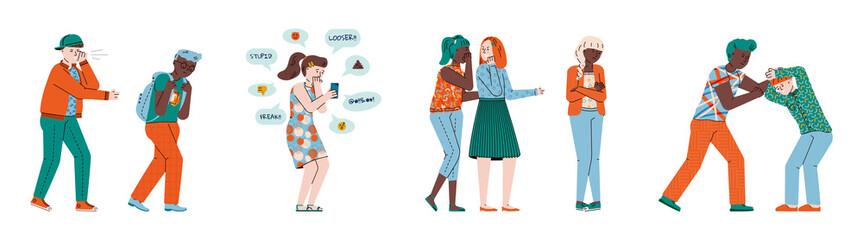 School bully and victim set - cartoon children bullying a kid, cyberbullying and fighting isolated on white background. Vector illustration of teenager abuse and harassment