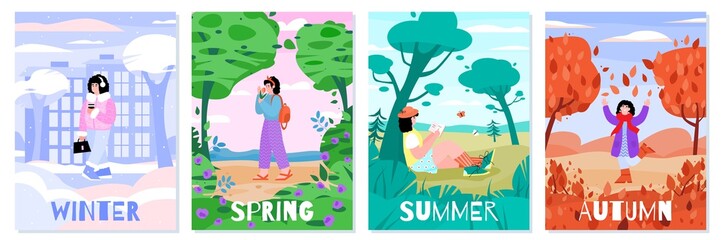 Posters set of the seasons - winter and spring, summer and autumn with young girl cartoon character in a landscape flat vector illustration. Four seasons cards bundle. © Kudryavtsev