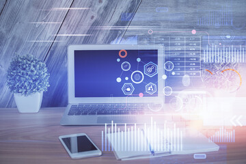 Fototapeta premium Double exposure of computer and technology theme hologram. Concept of freelance work.