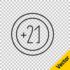 Black line Alcohol 21 plus icon isolated on transparent background. Prohibiting alcohol beverages. Vector Illustration.