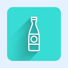 White line Beer bottle icon isolated with long shadow. Green square button. Vector Illustration.