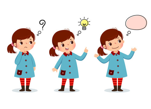 Vector illustration of cartoon kid thinking. Thoughtful girl, confused girl, and girl with illustrated bulb above her head