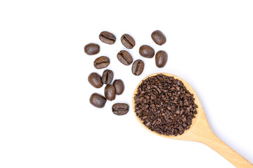 Closeup instant granulated coffee with roasted coffee bean in wooden spoon isolated on white background. Top view. Flat lay.