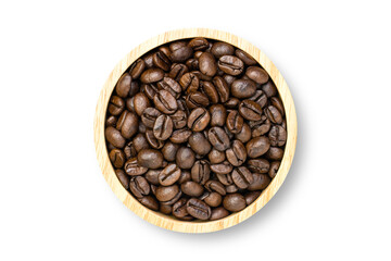 Closeup roasted coffee beans in wooden bowl isolated on white background. Top view. Flat lay.