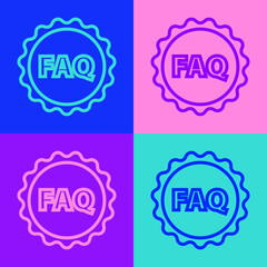 Pop art line Label with text FAQ information icon isolated on color background. Circle button with text FAQ. Vector Illustration.