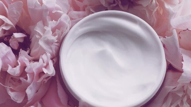 Mineral face cream jar and peony flowers, clean moisturizer as skin care routine for luxury cosmetic, beauty product and skincare brands