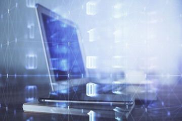 Double exposure of computer and technology theme drawing. Concept of innovation.