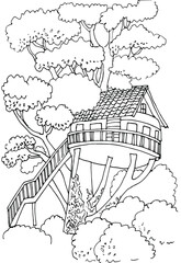 Anti-stress coloring book for children and adults. Linear drawing of Forest house with stairs. The tree house.Vector contour drawing. hand-drawn sketch.