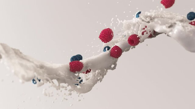 Yogurt splash in the air with ripe berries, raspberries and blueberries. Slow motion realistic animation in 4k.