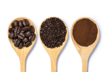 Closeup roasted coffee bean, instant granulated coffee and coffe dust powder in wooden spoon isolated on white background. Top view. Flat lay.