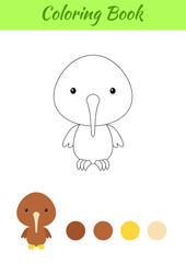 Coloring page happy little baby kiwi bird. Printable coloring book for kids. Educational activity for kindergarten and preschool with cute animal. Flat cartoon colorful vector illustration.