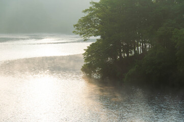 朝の光が美しい湖