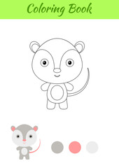 Coloring page happy little baby opossum. Printable coloring book for kids. Educational activity for kindergarten and preschool with cute animal. Flat cartoon colorful vector illustration.