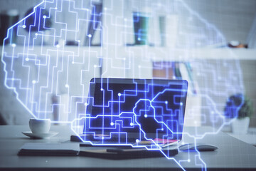 Double exposure of work table with computer and brain sketch hologram. Brainstorming concept.
