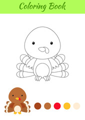 Coloring page happy little baby turkey. Printable coloring book for kids. Educational activity for kindergarten and preschool with cute animal. Flat cartoon colorful vector illustration.