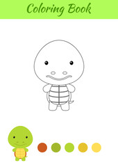 Coloring page happy little baby turtle. Printable coloring book for kids. Educational activity for kindergarten and preschool with cute animal. Flat cartoon colorful vector illustration.