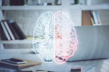 Double exposure of work table with computer and brain sketch hologram. Brainstorming concept.